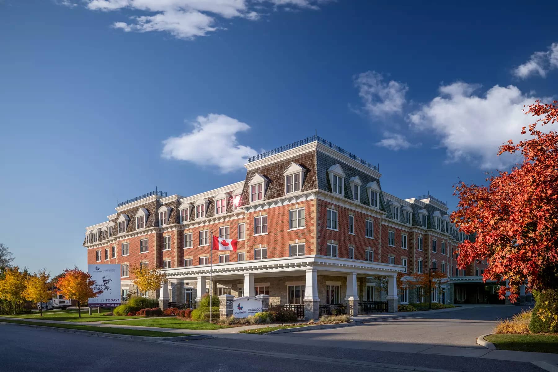 beautiful exterior of chartwell harwood retirement residence