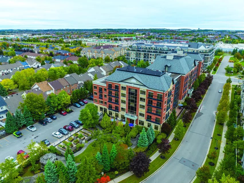 Aerial view of outdoor greenspace at Chartwell Hollandview Trail Retirement Residence.