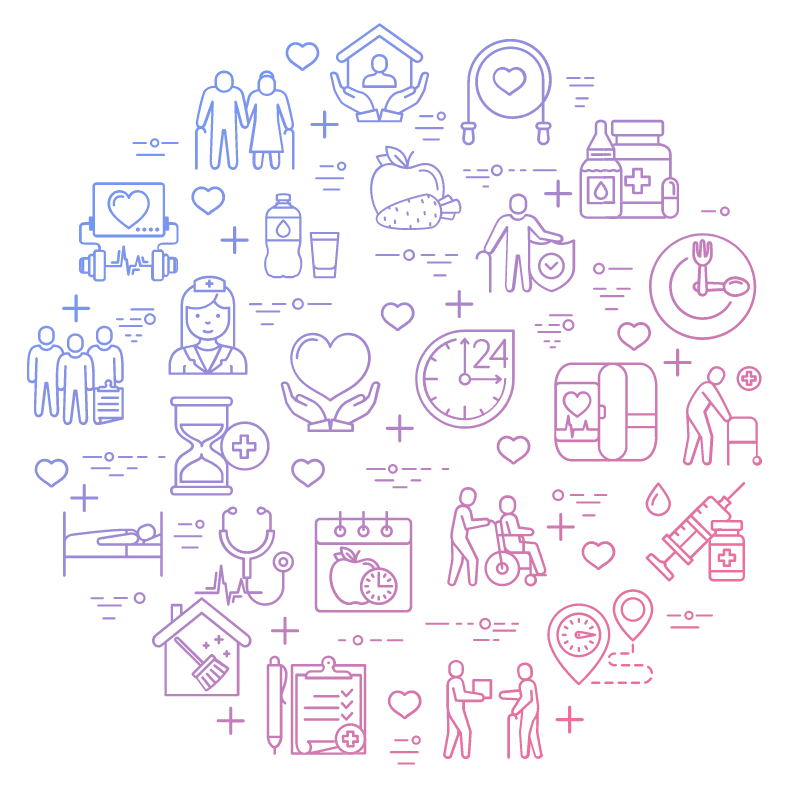 circle made up of an assortment of care service icon / cercle composé d'un assortiment d'icônes de services de soins