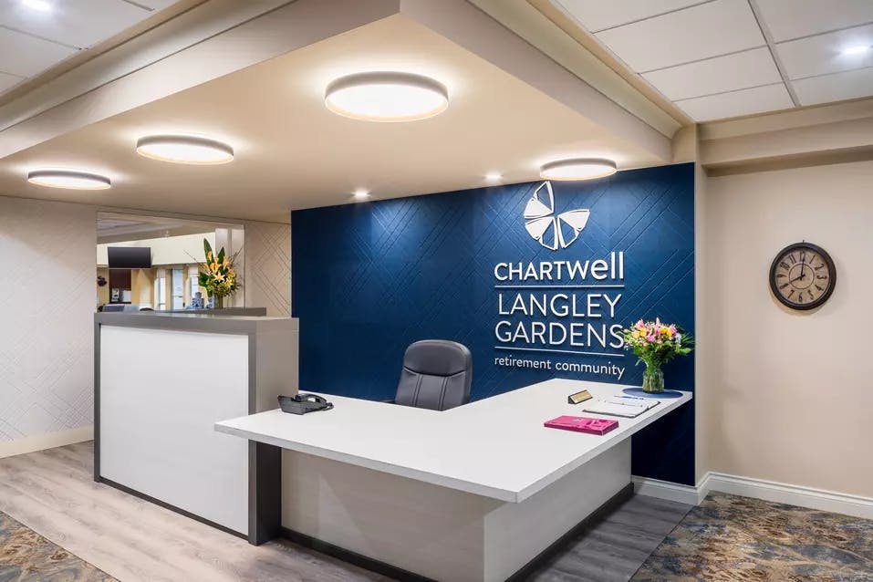 bright and welcoming reception area at chartwell langley gardens assisted living