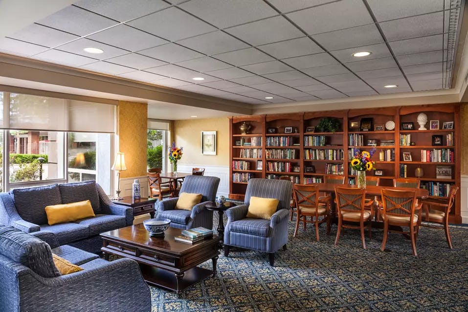 beautiful library at chartwell langley gardens assisted living
