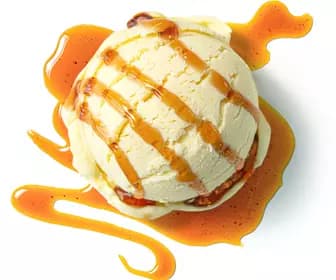 Ice cream with caramel drizzle. Glace avec sauce au caramel sur le dessus