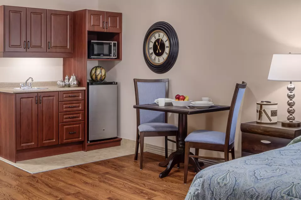 Suite kitchenette at Chartwell Park Place Retirement Residence. 