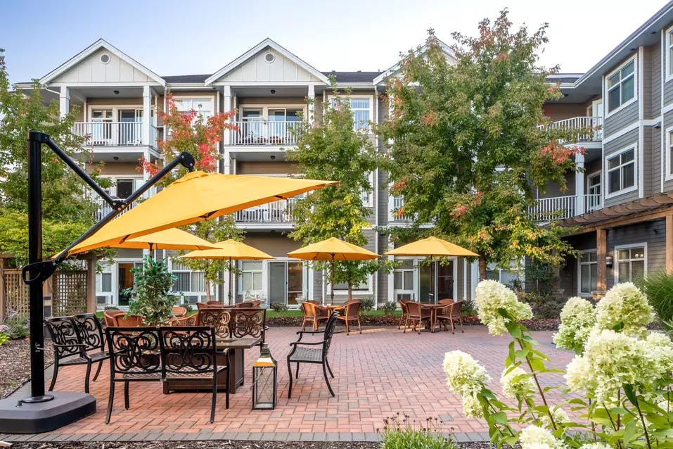 Gorgeous patio with sitting area at Chartwell Chatsworth Retirement Residence
