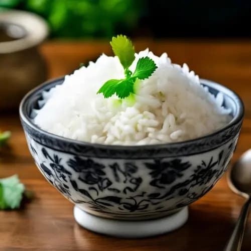 A bowl of rice decorated with green sprout / Un bol de riz décoré de germes verts