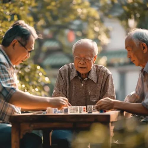 Senior Chinese men playing Mahjong outdoors