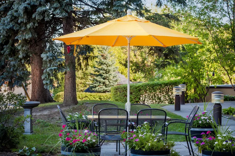 Gorgeous outdoor gardens with walking paths at Chartwell Park Place Retirement Residence. 