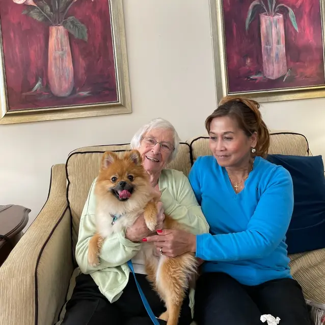Senior women are holding and cherishing a dog / Des femmes âgées tiennent et chérissent un chien