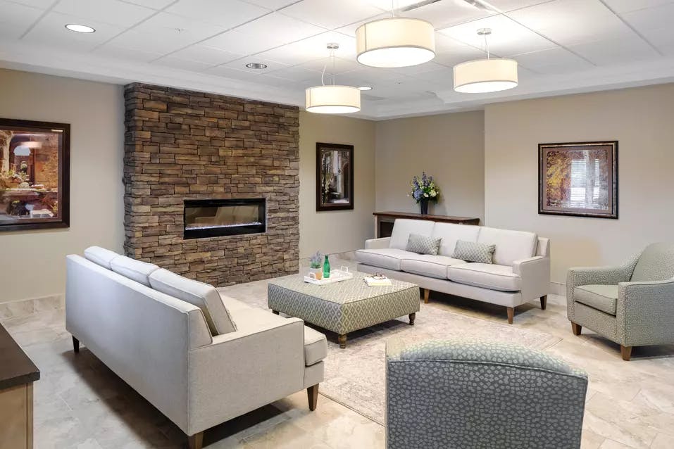 Fireside lounge at Chartwell Balmoral Retirement Community.