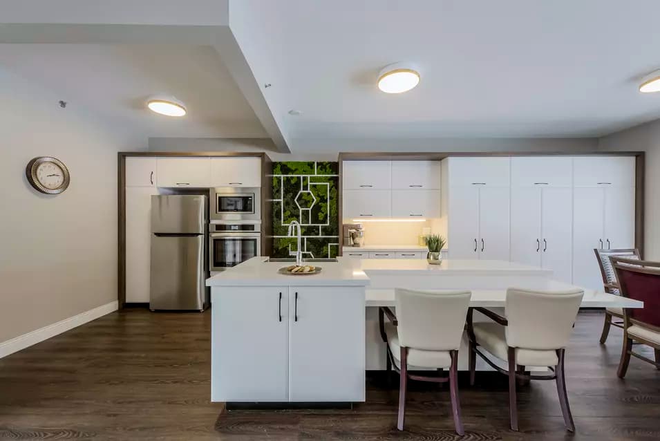 Recently renovated demonstration kitchen at Chartwell Whispering Pines Retirement Residence.