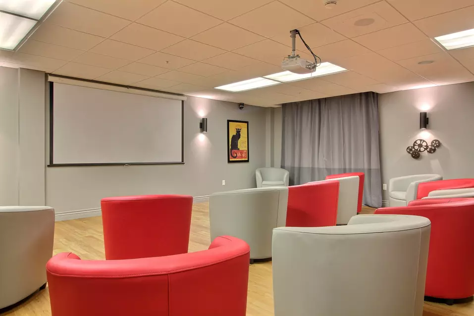 Salle de cinéma avec fauteuils et écran de projection