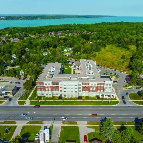 Chartwell Allandale Station Retirement Residence  aerial shot with gorgeous lake views. 