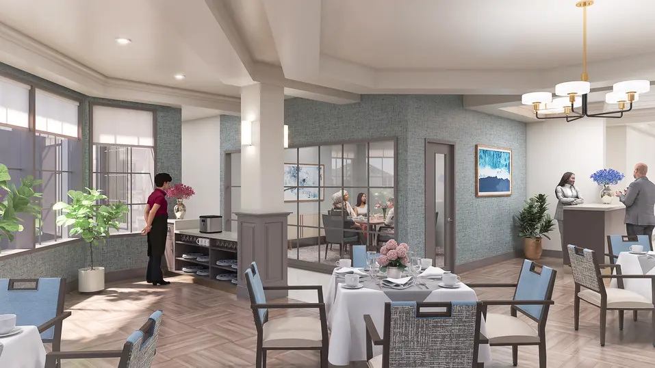 Private dining room renovation rendering with elegant seating and hosting space at Chartwell Terrace on the Square / Rendu de rénovation de la salle à manger privée avec sièges élégants et espace de réception à Chartwell Terrace on the Square