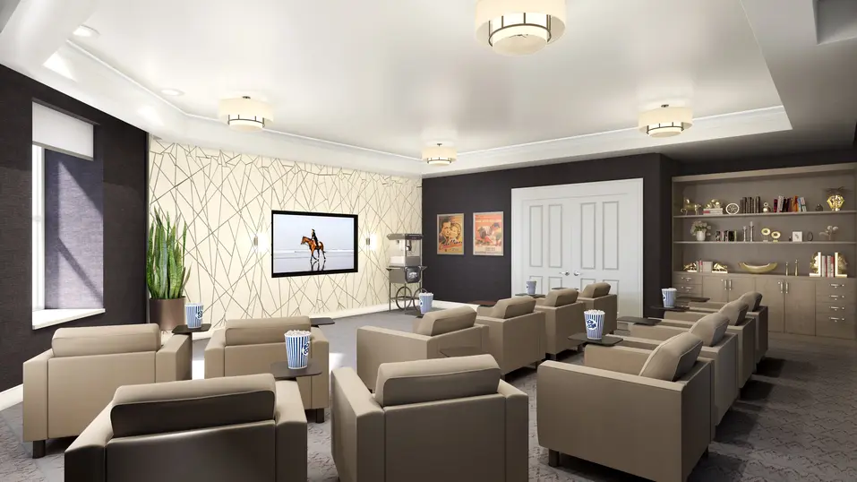 Theatre renovation rendering with cinema seating and large screen at Chartwell Terrace on the Square / Rendu de rénovation de la salle de cinéma avec fauteuils et grand écran à Chartwell Terrace on the Square