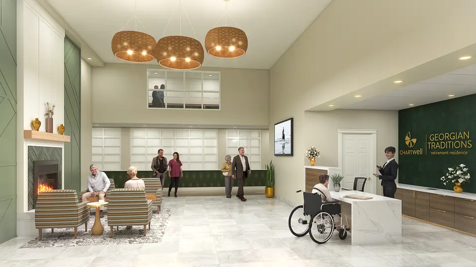Reception lobby renovation rendering with fireplace lounge and welcome desk at Chartwell Georgian Traditions / Rendu de rénovation du hall d’accueil avec foyer et comptoir de réception à Chartwell Georgian Traditions