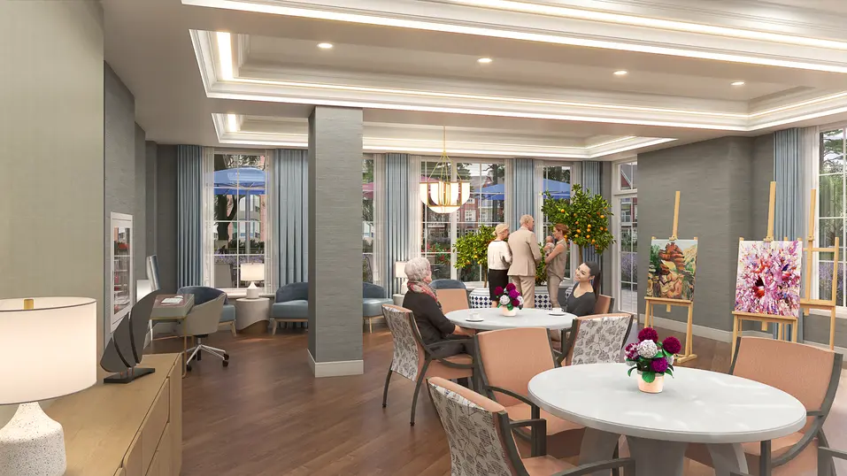 Orangerie renovation rendering with social seating, activity tables and garden views at Chartwell Martha's Landing / Rendu de rénovation de l’orangerie avec coin détente, tables d’activités et vue sur les jardins à Chartwell Martha's Landing