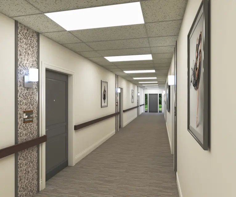 Renovation rendering of corridor area at Chartwell Thunder Bay / Rendu de la rénovation du couloir à Chartwell Thunder Bay