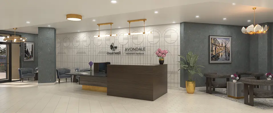 Reception desk renovation rendering with modern finishes at Chartwell Avondale / Rendu de la rénovation de la réception avec finitions modernes à Chartwell Avondale