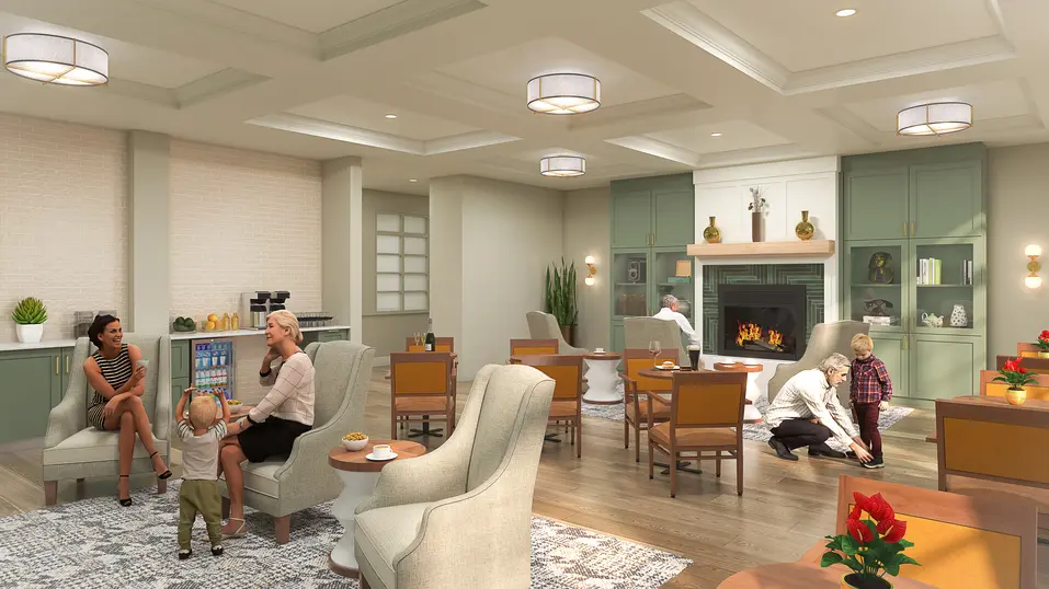 Resident lounge renovation rendering with fireplace seating and refreshment area at Chartwell Georgian Traditions / Rendu de rénovation du salon des résidents avec foyer, coin détente et espace rafraîchissements à Chartwell Georgian Traditions