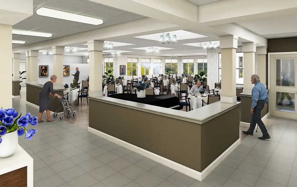 Renovation rendering of dining area at Chartwell Thunder Bay / Rendu de la rénovation de la salle à manger du Chartwell Thunder Bay