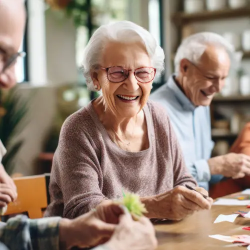 group of senior man and women, smiling, working with paper crafts on table.