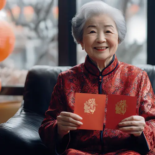 Senior Chinese woman in red traditional clothing is showing two red envelops with gold embossing / Une femme chinoise d'un certain âge, vêtue d'un vêtement traditionnel rouge, montre deux enveloppes rouges ornées d'un gaufrage doré
