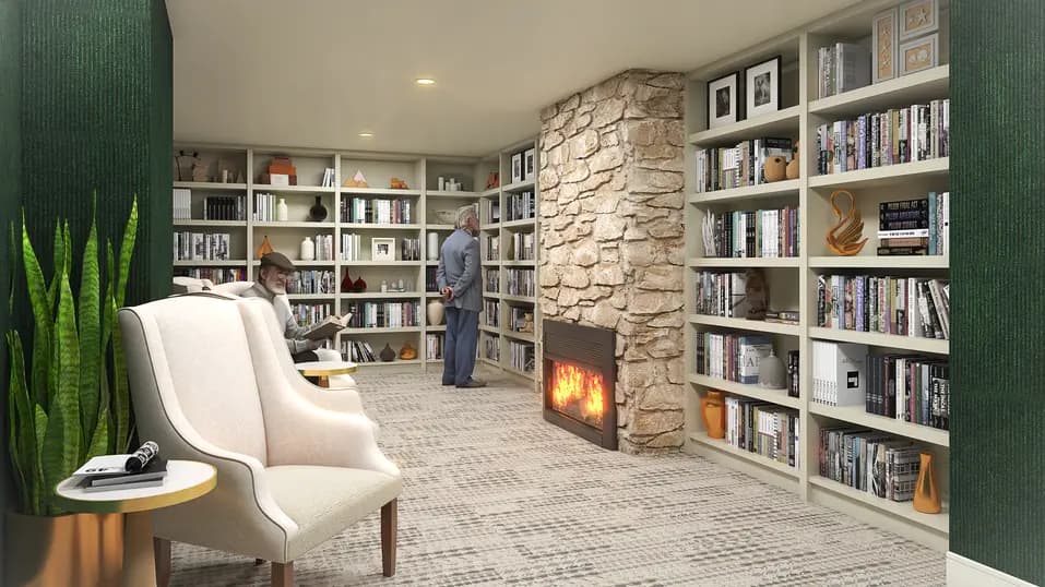 Library renovation rendering with fireplace and built-in bookshelves at Chartwell Georgian Traditions / Rendu de rénovation de la bibliothèque avec foyer et bibliothèques intégrées à Chartwell Georgian Traditions