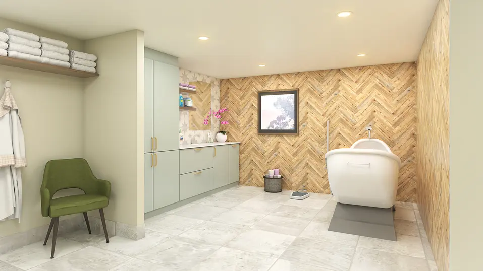Spa renovation rendering with therapeutic bath and wellness amenities at Chartwell Georgian Traditions / Rendu de rénovation du spa avec bain thérapeutique et installations de bien-être à Chartwell Georgian Traditions