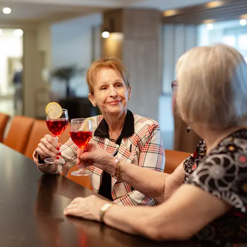 Two senior women cheersing their drinks at a bar / Deux femmes d'un certain âge trinquant dans un bar