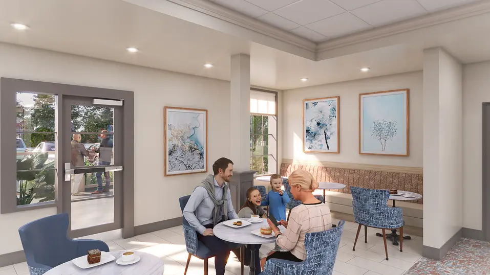 Café lounge renovation rendering with banquette seating and social gathering area at Chartwell Terrace on the Square / Rendu de rénovation du salon-café avec banquettes et espace de rassemblement convivial à Chartwell Terrace on the Square