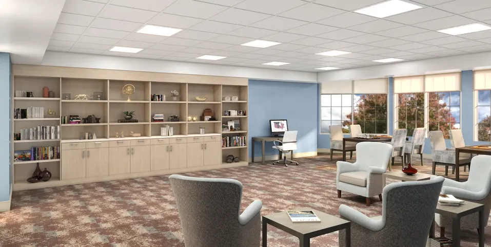 Activity room renovation rendering with lounge seating, library shelving and games area at Chartwell Terrace on the Square / Rendu de rénovation de la salle d’activités avec coin détente, bibliothèque intégrée et espace de jeux à Chartwell Terrace on the Square