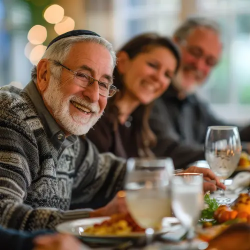 Senior man happily smiling with his family in front of the feast table for Hanukkah / Homme âgé souriant joyeusement avec sa famille devant la table de fête pour Hanoukka