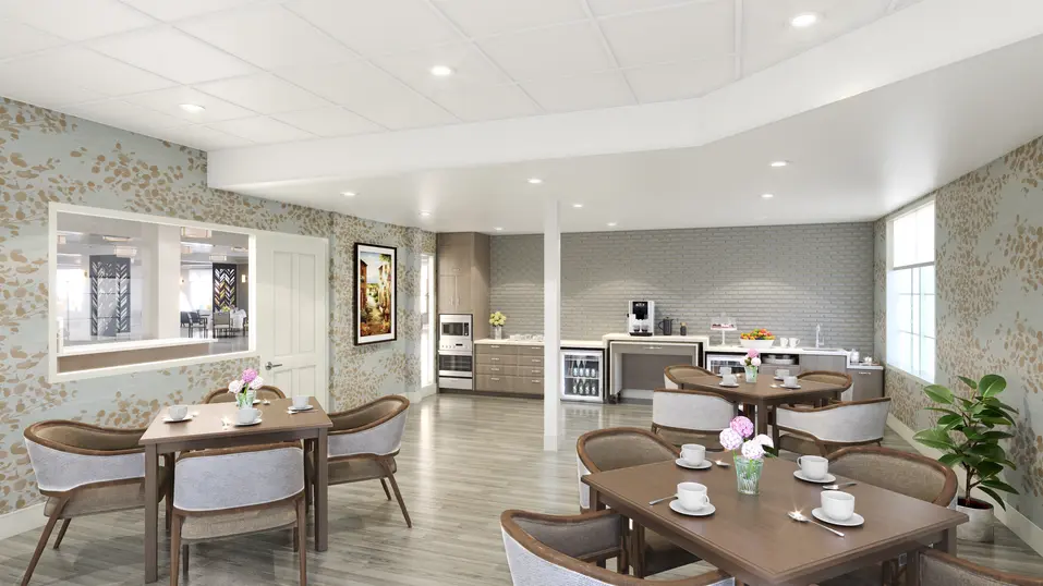 Country kitchen renovation rendering with café seating and refreshment area at Chartwell Terrace on the Square / Rendu de rénovation de la cuisine champêtre avec coin café et espace de rafraîchissements à Chartwell Terrace on the Square