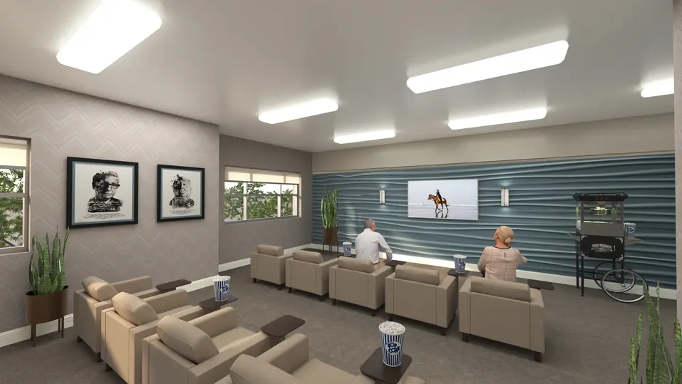 Renovation rendering of theater room at Chartwell Thunder Bay / Rendu de la rénovation de la salle de cinéma à Chartwell Thunder Bay