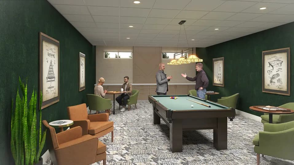 Games room renovation rendering with billiards table and activity seating at Chartwell Georgian Traditions / Rendu de rénovation de la salle de jeux avec table de billard et coin d’activités à Chartwell Georgian Traditions