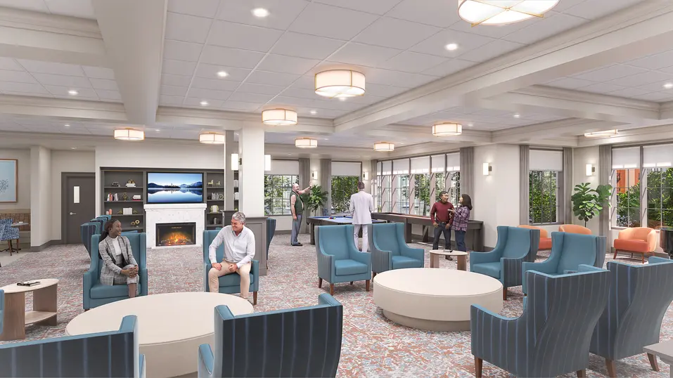 Lounge renovation rendering with gathering seating, decorative screens and social spaces at Chartwell Terrace on the Square / Rendu de rénovation du salon avec coin détente, cloisons décoratives et espaces de rencontre à Chartwell Terrace on the Square