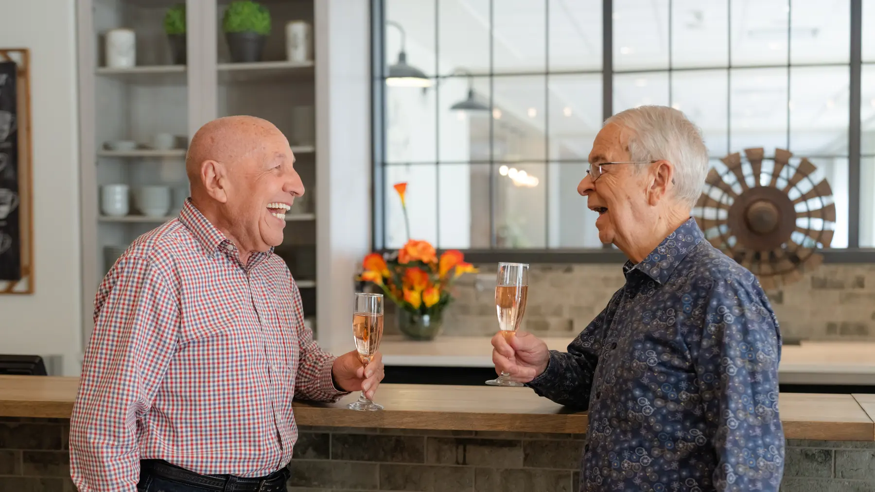 Senior men are drinking at a bar while having a joyful conversation / Des hommes âgés boivent dans un bar tout en discutant joyeusement