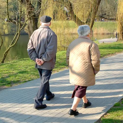 Senior couple walking along the park path in early spring