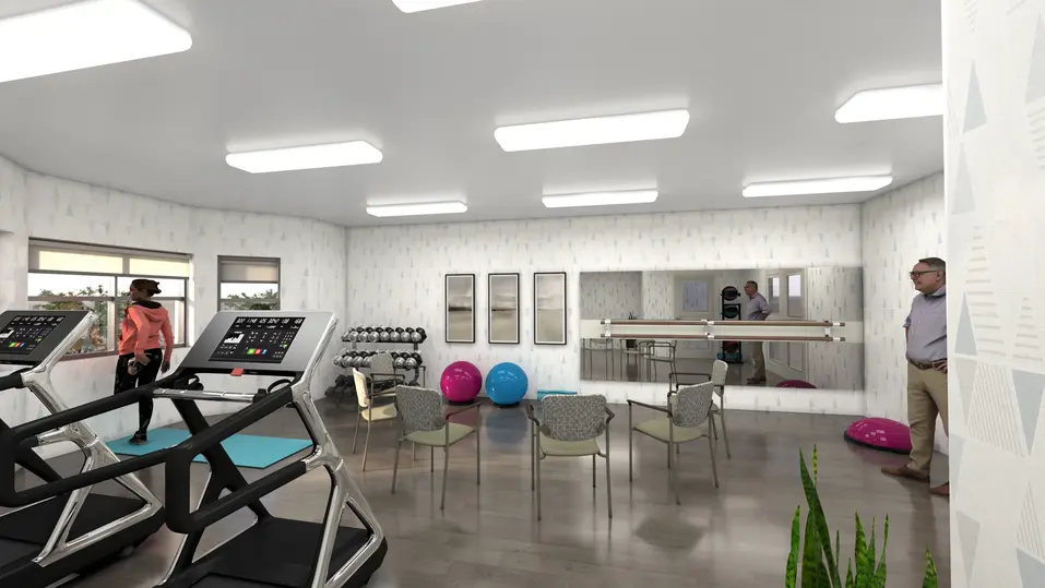 Renovation rendering of fitness room at Chartwell Thunder Bay / Rendu de la rénovation de la salle de fitness à Chartwell Thunder Bay