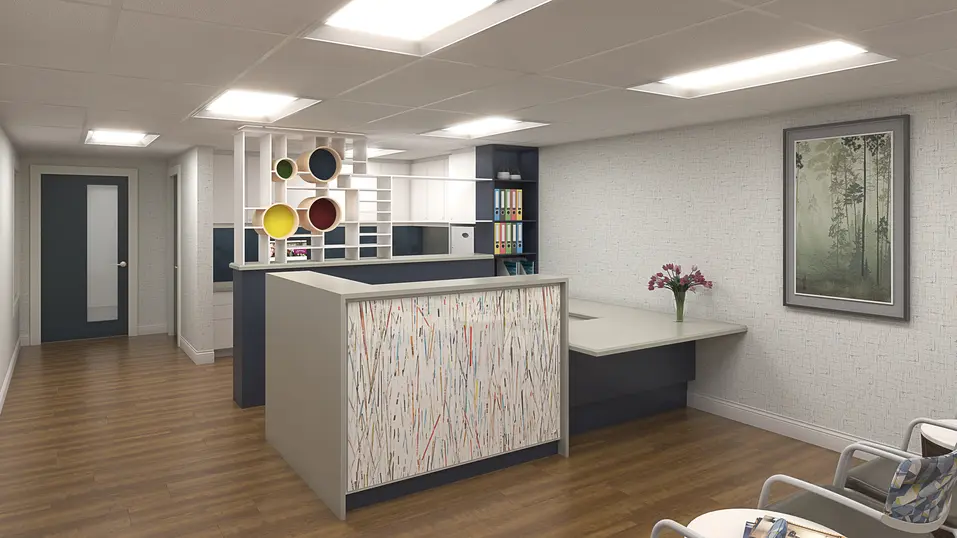 Health and wellness area renovation rendering with reception counter at Chartwell Avondale / Rendu de rénovation de l’espace santé et bien-être avec comptoir d’accueil à Chartwell Avondale