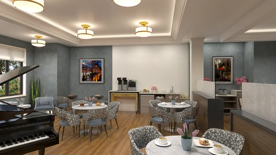Bistro renovation rendering with café seating and piano at Chartwell Avondale / Rendu de rénovation du bistro avec coin café et piano à Chartwell Avondale