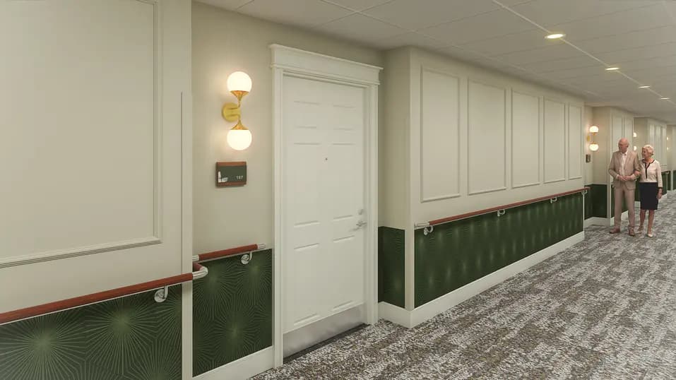 Corridor renovation rendering with updated lighting and resident suite entrances at Chartwell Georgian Traditions / Rendu de rénovation du corridor avec nouvel éclairage et entrées des suites résidentielles à Chartwell Georgian Traditions