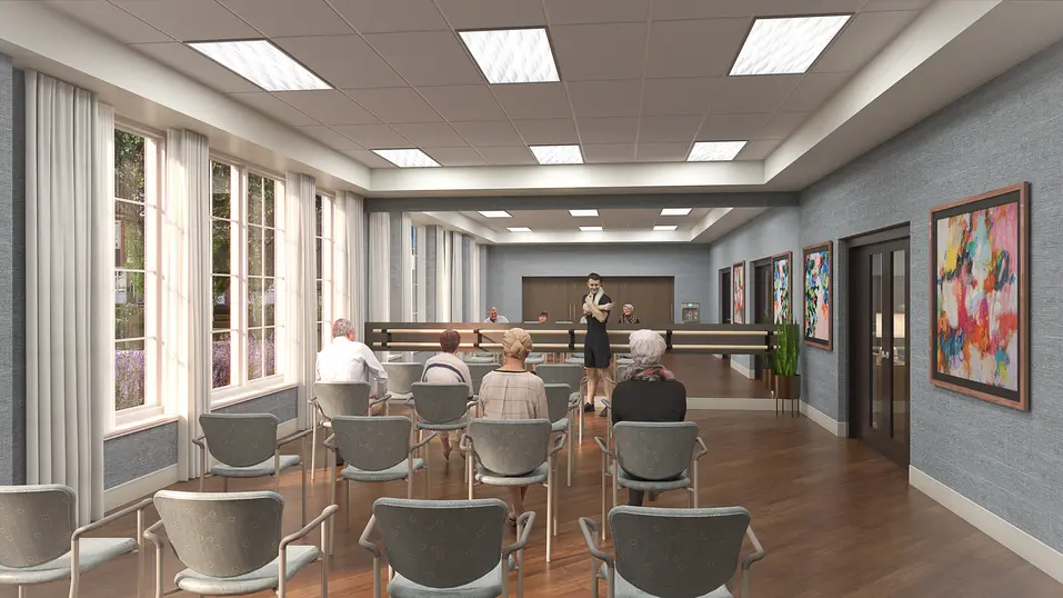 Fitness centre renovation rendering with exercise equipment and wellness space at Chartwell Martha's Landing / Rendu de rénovation du centre de conditionnement physique avec équipements d’exercice et espace bien-être à Chartwell Martha's Landing