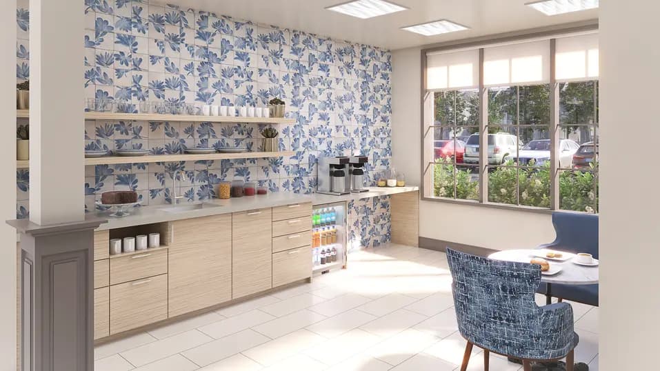 Coffee station renovation rendering with café seating and refreshment area at Chartwell Terrace on the Square / Rendu de rénovation de la station café avec coin détente et espace de rafraîchissements à Chartwell Terrace on the Square