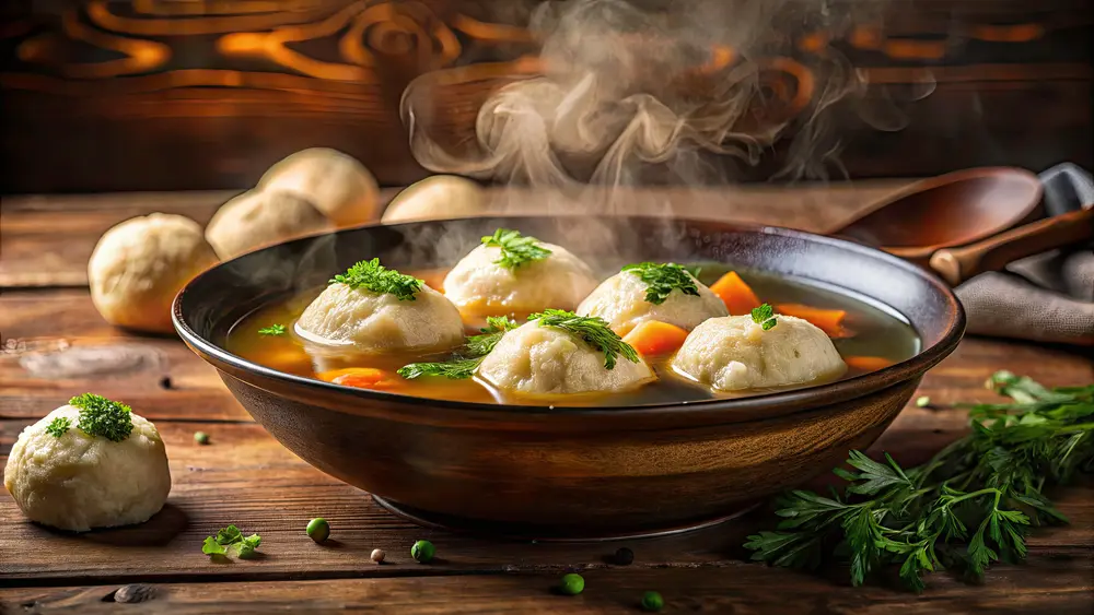 Steaming bowl of home made Matzah Ball Soup on a dark background / Bol fumant de soupe de boules de Matzah maison sur fond sombre