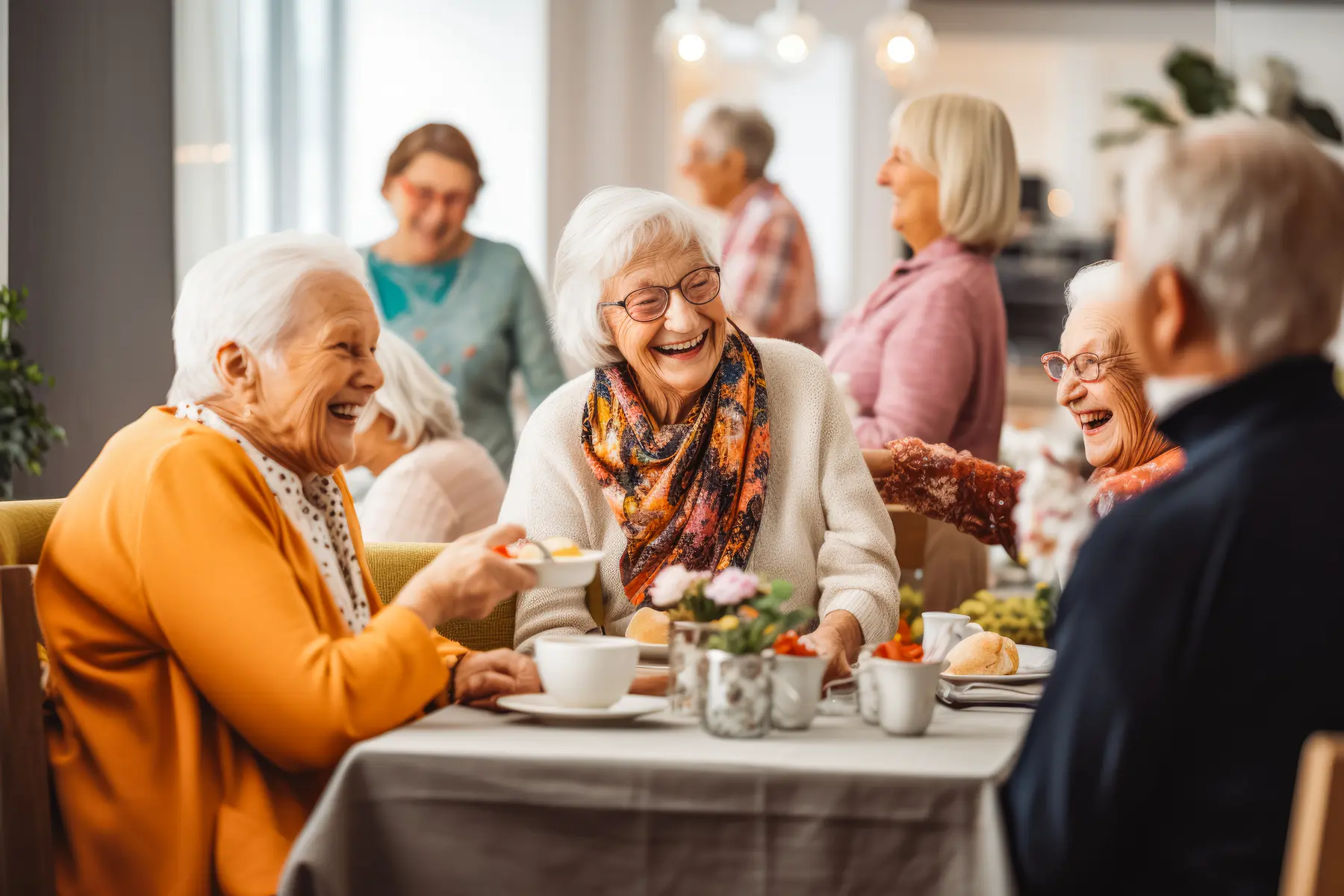 A group of seniors are laughing brightly while having a coffee together / Un groupe de personnes âgées rit joyeusement en prenant un café ensemble