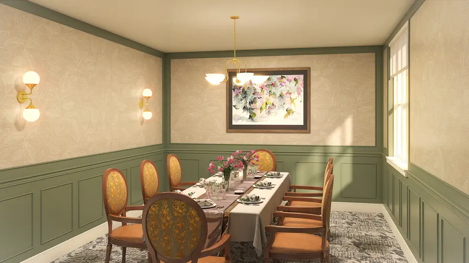 Private dining room renovation rendering with elegant table setting at Chartwell Georgian Traditions / Rendu de rénovation de la salle à manger privée avec élégante table dressée à Chartwell Georgian Traditions