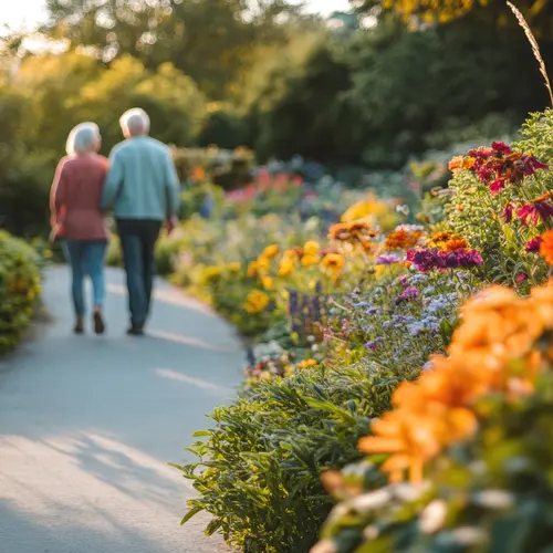 Senior couple are walking arm in arm down a pathway surrounded by greenery and flowers.
