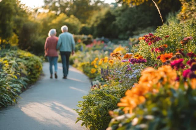 Senior couple are walking arm in arm down a pathway surrounded by greenery and flowers.