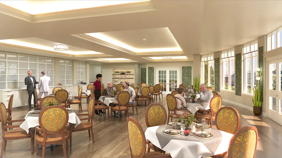 Dining room renovation rendering with elegant seating and bright gathering space at Chartwell Georgian Traditions / Rendu de rénovation de la salle à manger avec sièges élégants et espace lumineux de rassemblement à Chartwell Georgian Traditions